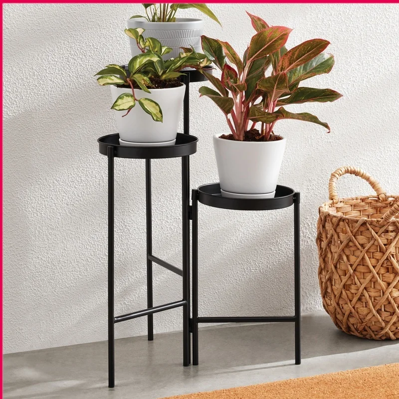 kf-S1ac9bf56c6214d42bc78b9f614f40424m Black Metal 3 Tier Plant Stand Indoor Outdoor Flower Display Storage Rack Collapsible Design Durable Iron Construction Elegant - Image 1
