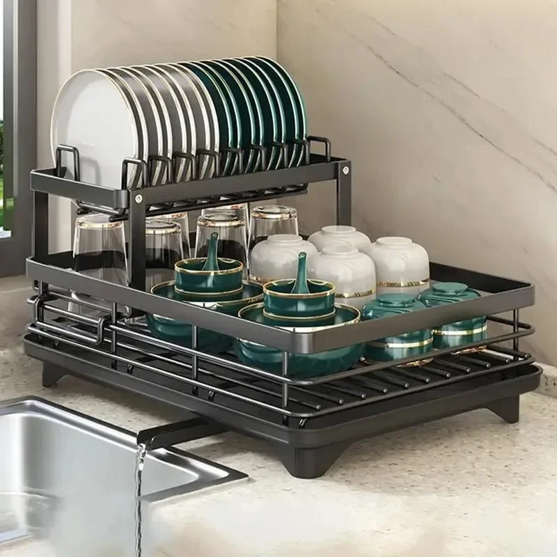 kf-S47be4fa13ec6431eb01119ba1d7a4e13W.webp Adjustable Dish Drying Rack & Drainboard Organizer for Kitchen Plates, Over Sink Countertop, Cutlery Storage with Drain Rac - Image 1
