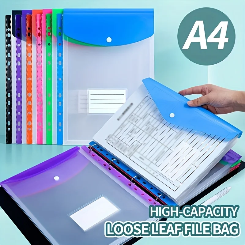 kf-S93b5fd173cb349a58397d9d089b63a6eP.webp 6pcs A4 High-Capacity Loose-Leaf File Bags with 11-Hole Binding Rings,Expandable Button and Label Pockets,Suitable for School - Image 1