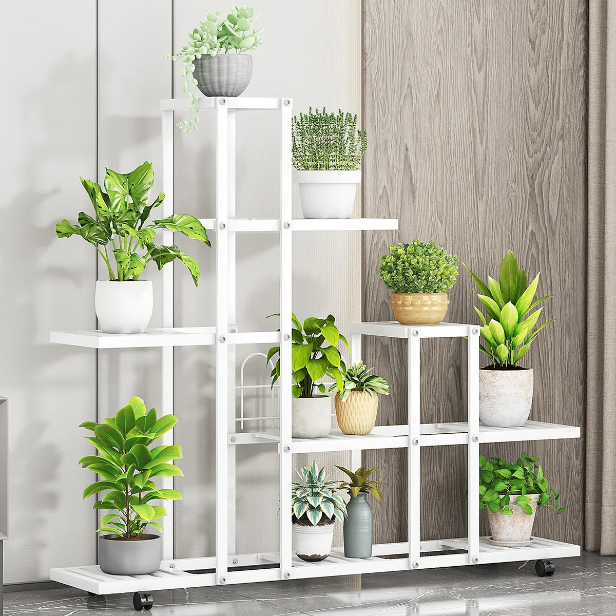 kf-Sb43b4f16eca64a52bb64ab5fd6d3c91ai Plant Stand Indoor Outdoor, Wrought Iron Multiple Planter Rack Organizer w/Wheels Flower Display Stand For Corner Balcony Garden - Image 1