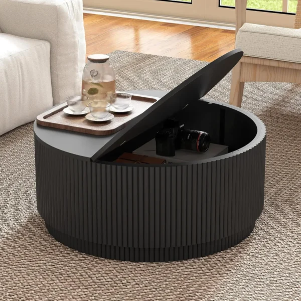31.5" Round Coffee Table with Storage, Modern Accent Coffee Tables with Fluted Base, Wooden Circle Center Table for, Customized