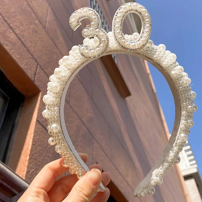 kf-S315fb82b8b4440cda3e7e57a0093baecC.webp 30th Pearl headband tiara crown hat 30 Years Old Dirty Thirty birthday party Anniversary decoration gift present Photo Props - Image 1