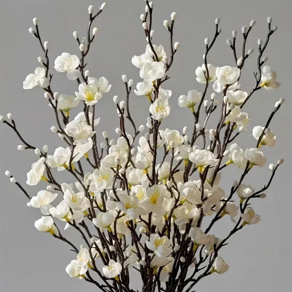 5 Bundles of Artificial White Long-Stemmed Plum Blossoms - Realistic Jade Flowers,for Outdoor/Indoor Decor,Suitable for Home