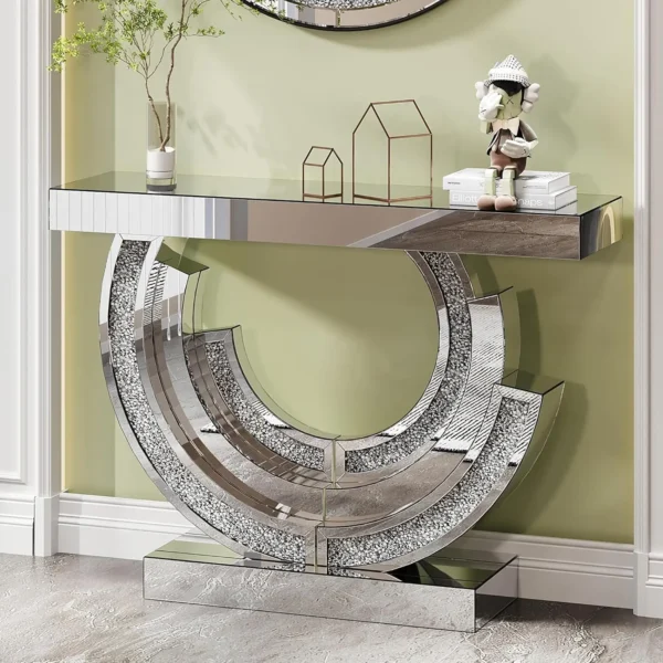 Mirrored Console Table with Crushed Diamond Inlay,Modern Console Table with Diamond Mirror Top, Mirror Entryway, Customized