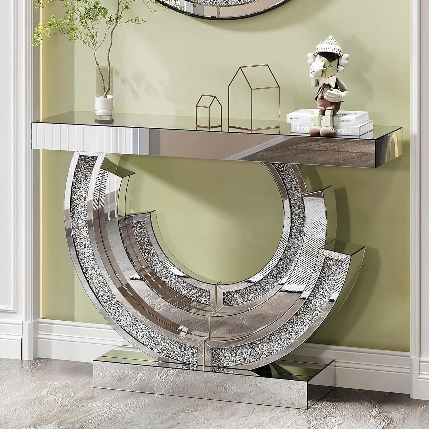 kf-S45c9f05e059b4036827d448211951222O.webp Mirrored Console Table with Crushed Diamond Inlay,Modern Console Table with Diamond Mirror Top, Mirror Entryway, Customized - Image 1