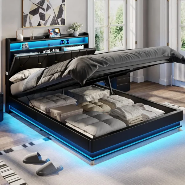 Queen Size Lift-Up Storage Bed Frame with LED Lights, Charging Station & Noise-Free Design