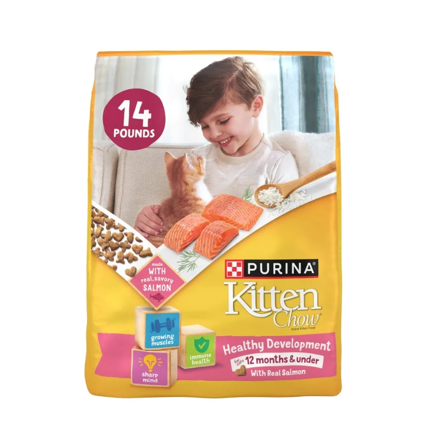 kf-S79484350418b4ae2a804ab1fa5b64a0cb.webp Purina Kitten Chow Healthy Development with Real Salmon Cat Food 14 lb Bag - Image 1