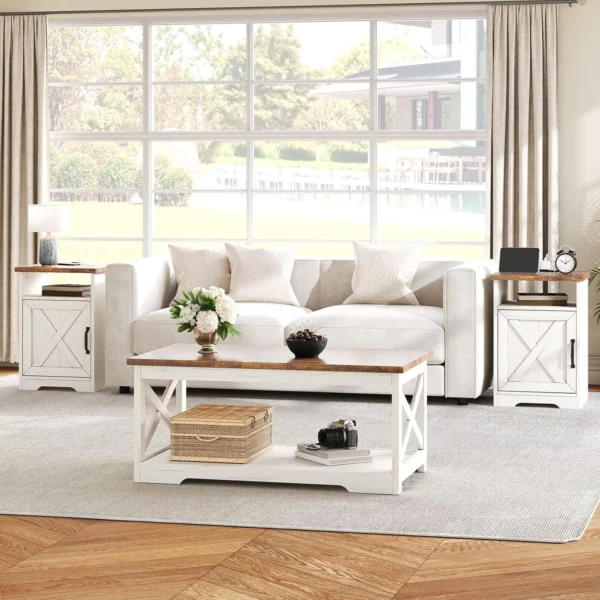 3-Piece Farmhouse Living Room Table Set with Coffee Table & 2 End Tables, Charging Station & USB Ports, Distressed, Customized
