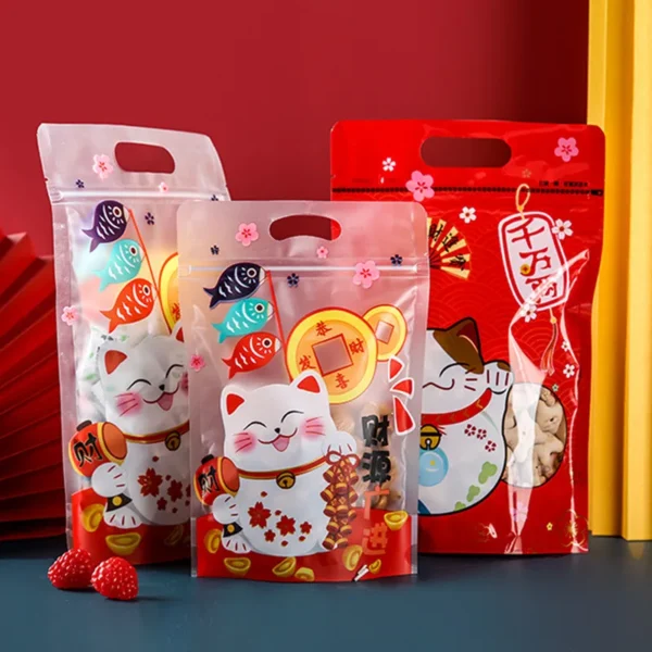 50Pcs Chinese New Year Lucky Cat Snow Crisp Nougat Self Zipper Bag Cookie Baking Snacks Packaging
