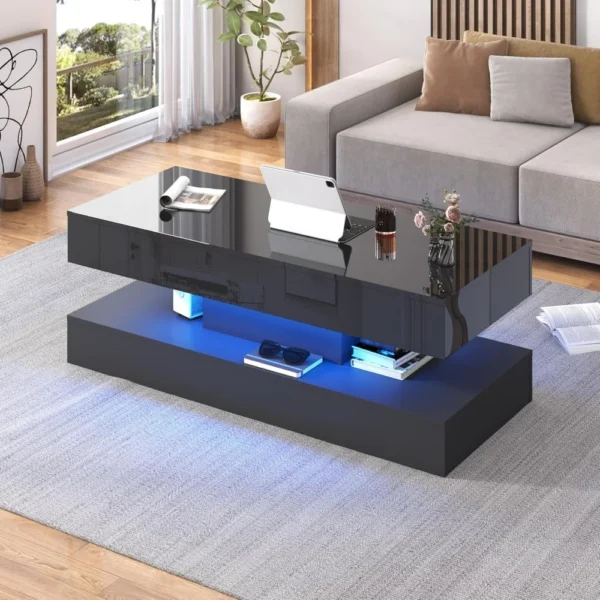 47.2" Large Lift Top Coffee Table,Modern High Glossy LED Coffee Tables for Living Room with Storage,Black Living, Customized